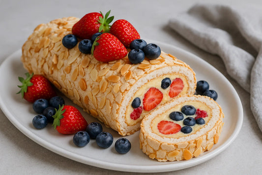 Delicious Fruit &amp; Cream Almond Roll – A Slice of Heaven! 🍓🍇